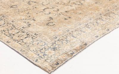 1900s Persian Kirman Cream Beige and Blue Handwoven Wool Rug