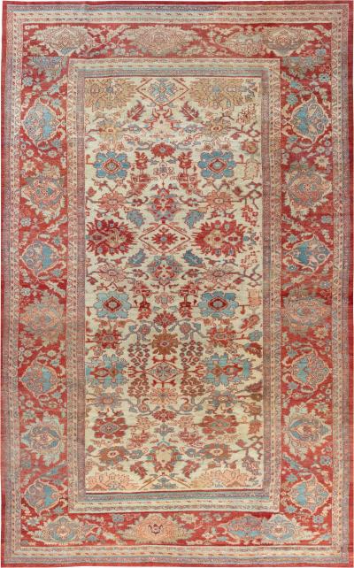 1900s Persian Sultanabad Beige Blue Brown Pink and Red Rug Size Adjusted 