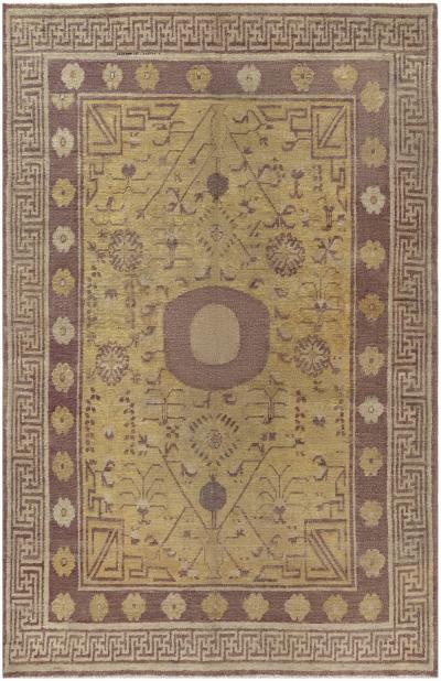 1900s Samarkand Khotan Yellow and Brown Handmade Wool Rug