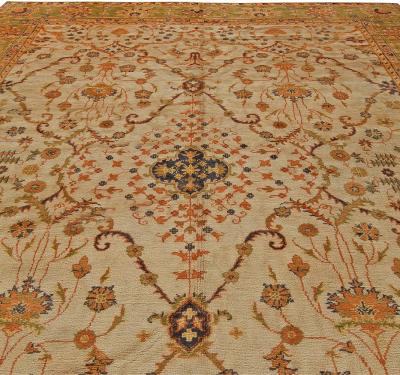 1900s Turkish Oushak Soft Camel and Orange with Floral Motifs Handwoven Wool Rug