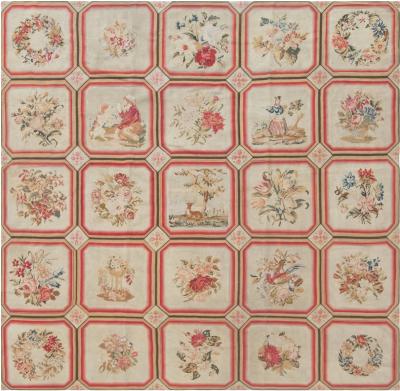 1900s White Beige Light Brown Green and Rose English Needlework
