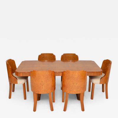 1920s Art Deco Burr Walnut Cloud Back Dining Table Chairs