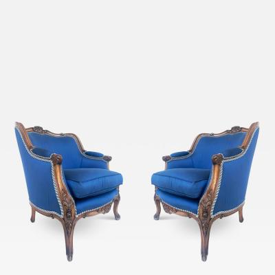 1920s Carved Walnut French Bergeres Armchairs Upholstered in Silk a Pair