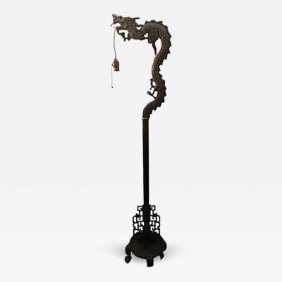 1920s Fierce Mystical Chinese Brass Dragon Floor Lamp