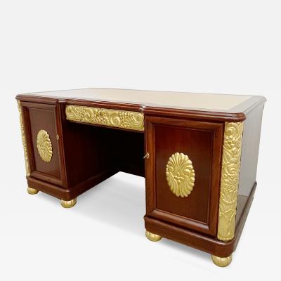 1920s French Art Deco Leather Writing Top Giltwood Carving Rosewood Desk