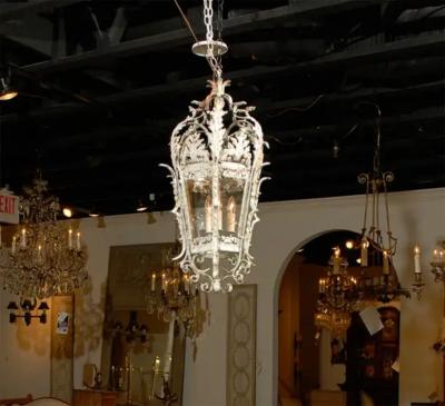 1920s French Rococo Style Painted Metal Three Light Lantern with Acanthus Leaves