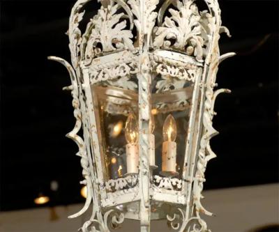 1920s French Rococo Style Painted Metal Three Light Lantern with Acanthus Leaves