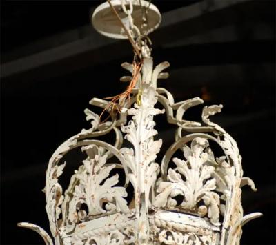 1920s French Rococo Style Painted Metal Three Light Lantern with Acanthus Leaves