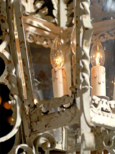 1920s French Rococo Style Painted Metal Three Light Lantern with Acanthus Leaves