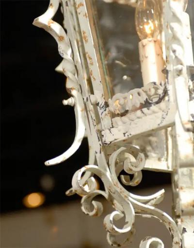 1920s French Rococo Style Painted Metal Three Light Lantern with Acanthus Leaves