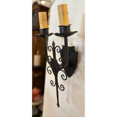 1920s Style Wought Iron Shield Back Spanish Light Sconce