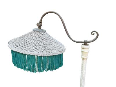 1920s WHITE WICKER BRASS BRIDGE FLOOR LAMP