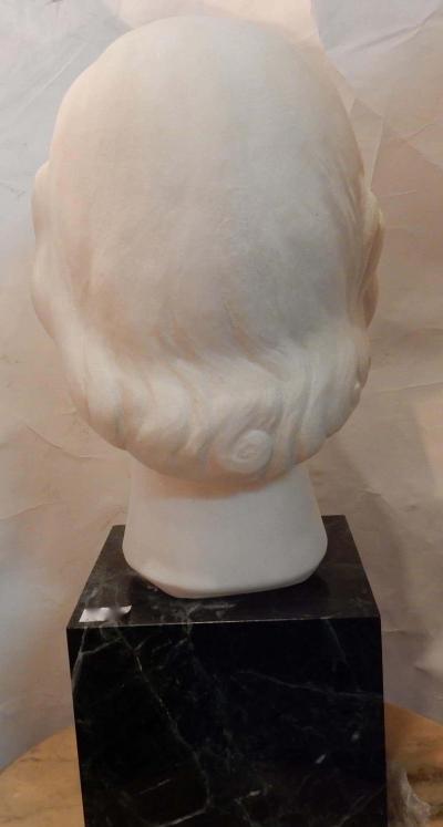 1930 Art Deco Head of Woman in White Marble Carrara Signed by M Di Domenico