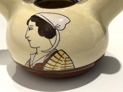 1930 French Henriot Quimper Faience Handle Dual Spout Yellow Pot Man Woman Decor