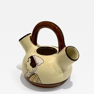 1930 French Henriot Quimper Faience Handle Dual Spout Yellow Pot Man Woman Decor