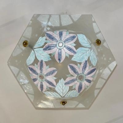 1930 French White Turquoise Pink Enamel Art Glass Brass Chain Pendant Chandelier