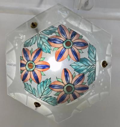 1930 French White Turquoise Pink Enamel Art Glass Brass Chain Pendant Chandelier