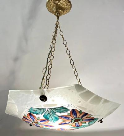 1930 French White Turquoise Pink Enamel Art Glass Brass Chain Pendant Chandelier