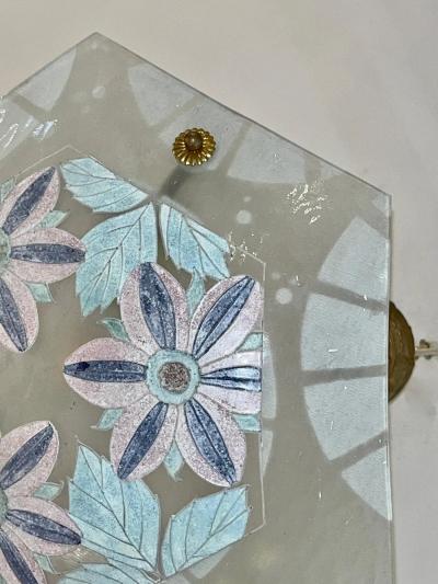 1930 French White Turquoise Pink Enamel Art Glass Brass Chain Pendant Chandelier