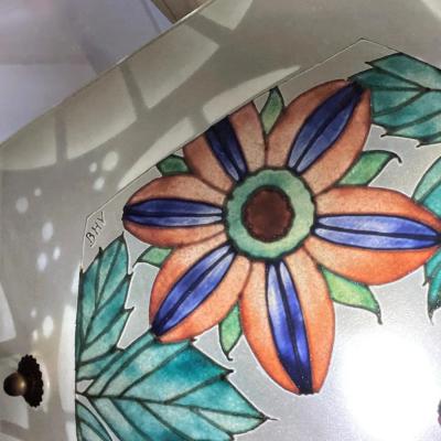 1930 French White Turquoise Pink Enamel Art Glass Brass Chain Pendant Chandelier