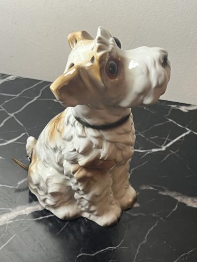 1930S CERAMIC TERRIER WITH GLASS EYES PERFUME LAMP