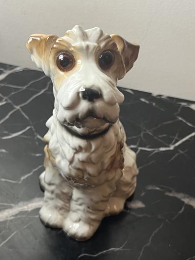 1930S CERAMIC TERRIER WITH GLASS EYES PERFUME LAMP