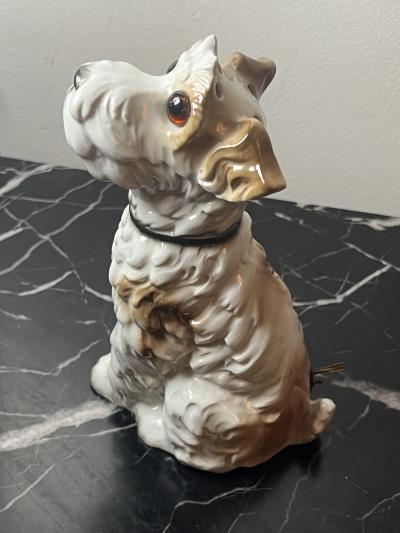1930S CERAMIC TERRIER WITH GLASS EYES PERFUME LAMP