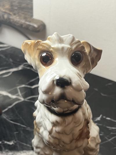 1930S CERAMIC TERRIER WITH GLASS EYES PERFUME LAMP
