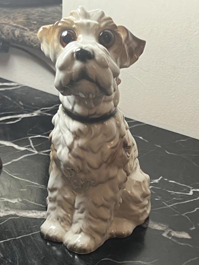1930S CERAMIC TERRIER WITH GLASS EYES PERFUME LAMP