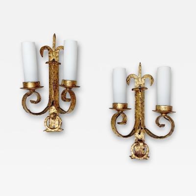1930S SPANISH GILT HAND FORGED WALL SCONCES