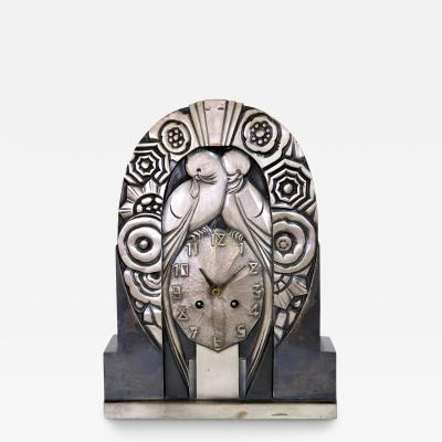 1930s Art Deco Metal Mantel Clock with Bird Motif by R Terras