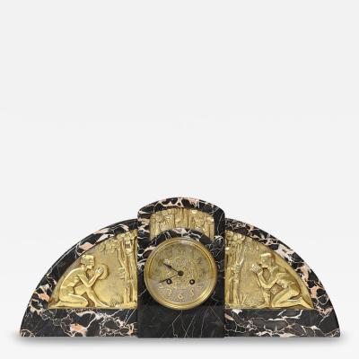 1930s Art Deco Streamlined Neoclassical Figurative Exotic Marble Bronze Clock
