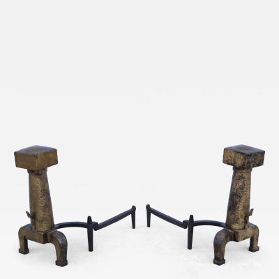 1930s Arts And Crafts Large Hammered Iron Andirons