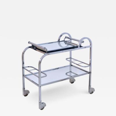 1930s Chromed Art Deco Bar Cart with Covered Wheels and Removable Mirrored Tray