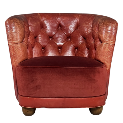 1930s Danish pair of exceptional leather tufted club chairs