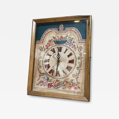 1930s EMBROIDERED WALL CLOCK IN WOOD AND GLASS CASE