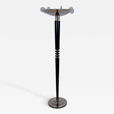 1930s French Art Deco Floor Lamp with Black Stem and Nickeled Shade and Base