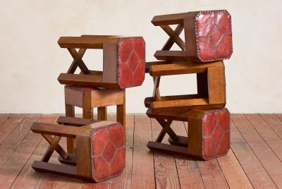 1930s French Oak and Leather Stool