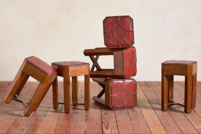 1930s French Oak and Leather Stool