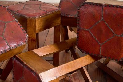 1930s French Oak and Leather Stool