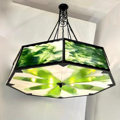 1930s Italian Art Deco White Green Murano Glass Black Iron Chandelier Lantern