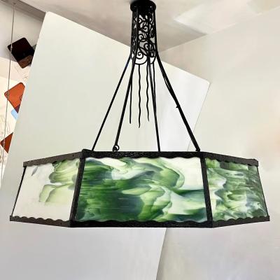 1930s Italian Art Deco White Green Murano Glass Black Iron Chandelier Lantern