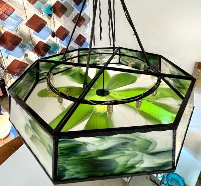 1930s Italian Art Deco White Green Murano Glass Black Iron Chandelier Lantern