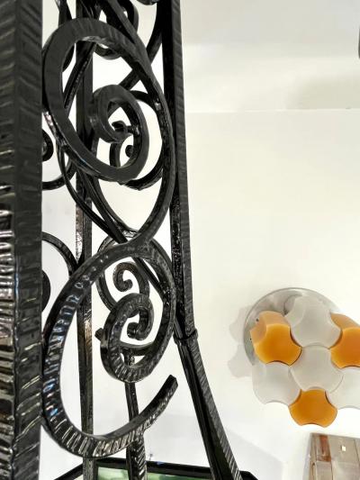 1930s Italian Art Deco White Green Murano Glass Black Iron Chandelier Lantern