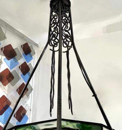1930s Italian Art Deco White Green Murano Glass Black Iron Chandelier Lantern