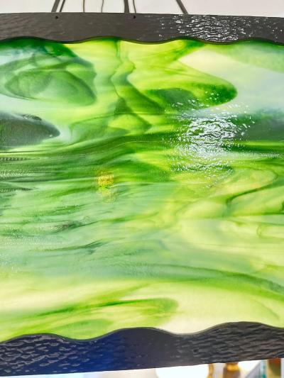 1930s Italian Art Deco White Green Murano Glass Black Iron Chandelier Lantern