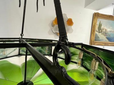 1930s Italian Art Deco White Green Murano Glass Black Iron Chandelier Lantern