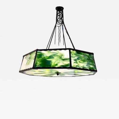 1930s Italian Art Deco White Green Murano Glass Black Iron Chandelier Lantern