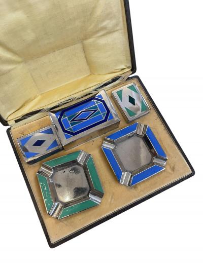 1930s Silver plated and enamel smoker set