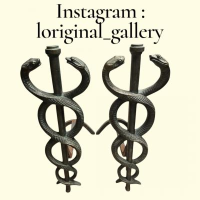 1930s Solide bronze snake andirons